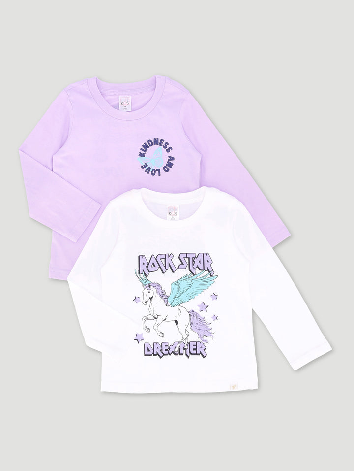 Pre-Girls 2 Pack Long Sleeve Unicorn Tee - White/Lilac