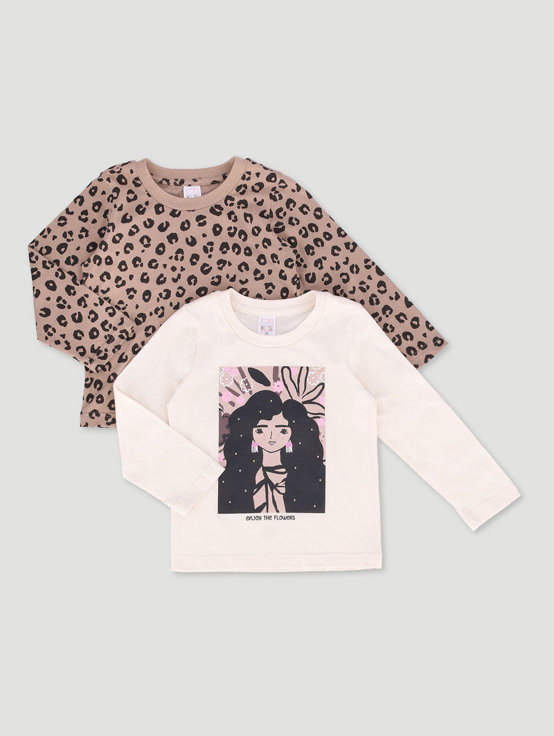 Pre-Girls 2 Pack Animal Print Long Sleeve T-Shirts - Stone