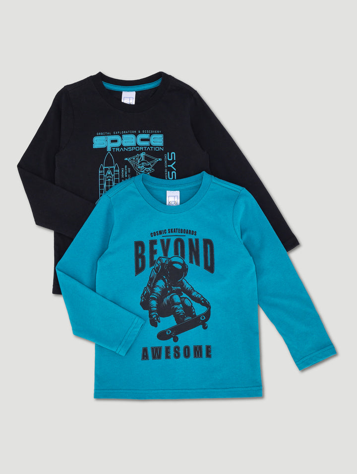 Pre-Boys Long Sleeve 2 Pack Space Tees - Teal/Black