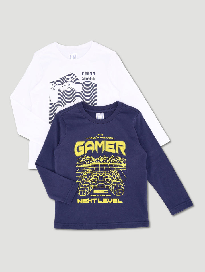 Pre-Boys Long Sleeve 2 Pack Gaming Tees - White/Navy