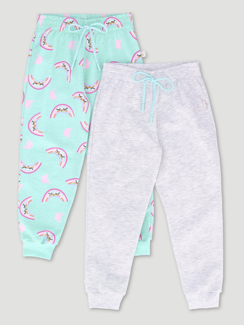 Pre-Girls 2 Pack Plain & Rainbow Print Jogger - Grey Melange/Sky Blue