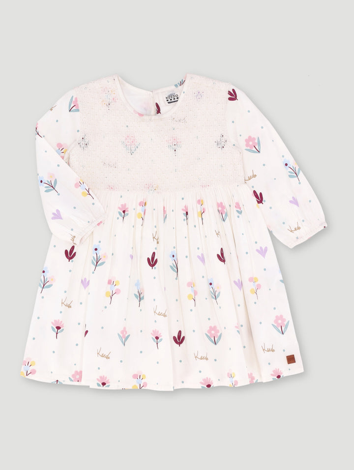 Keedo Girls Viscose Floral Fashion Dress - Sand