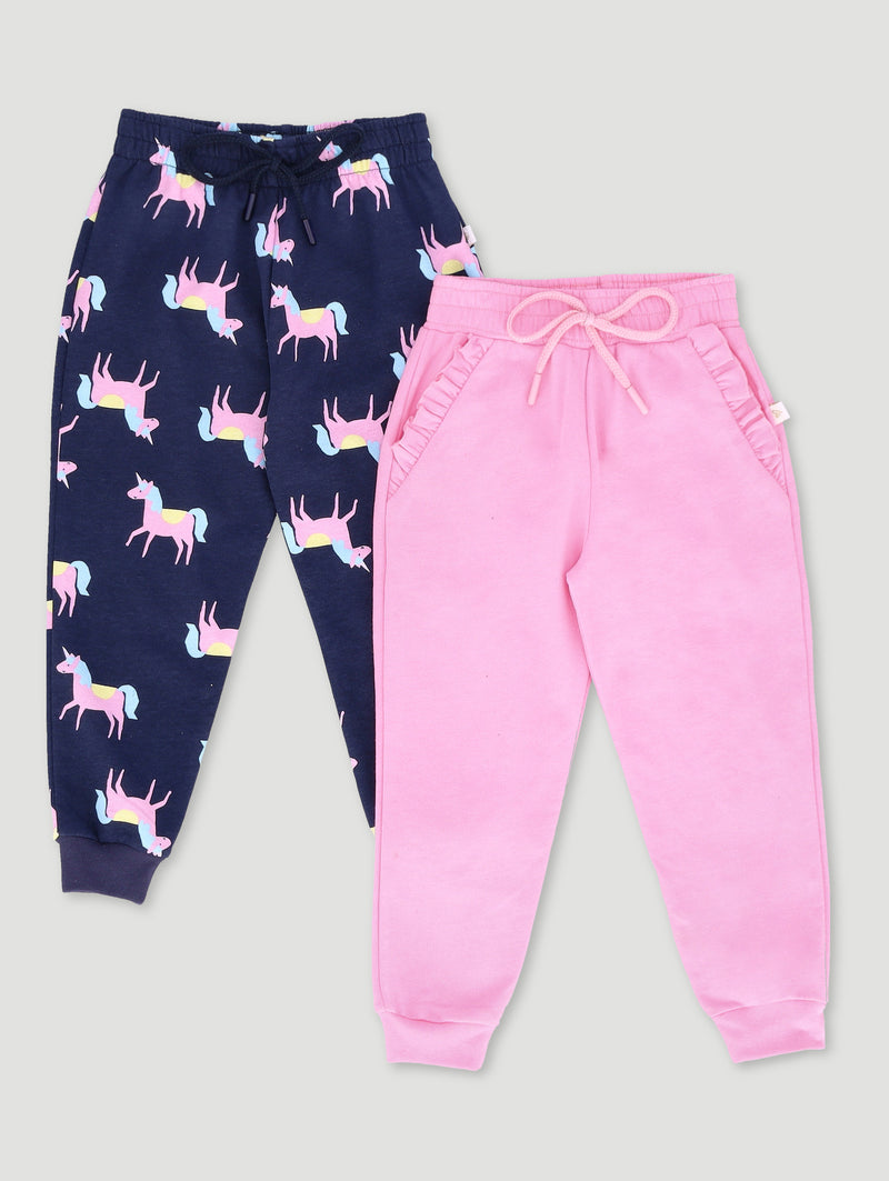 Pre-Girls 2 Pack Unicorn Print Plain Frill Trackpants - Navy/Pink