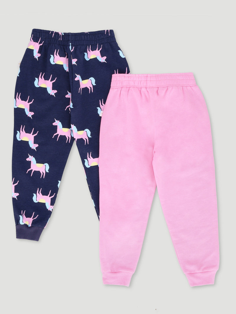 Pre-Girls 2 Pack Unicorn Print Plain Frill Trackpants - Navy/Pink