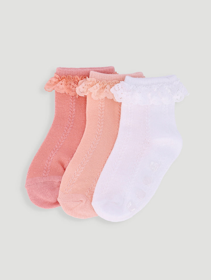 Baby Girls 3 Pack Ruffled Socks - White/Peach/Cameo Rose