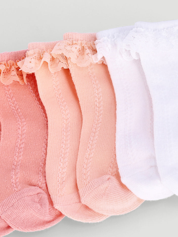 Baby Girls 3 Pack Ruffled Socks - White/Peach/Cameo Rose