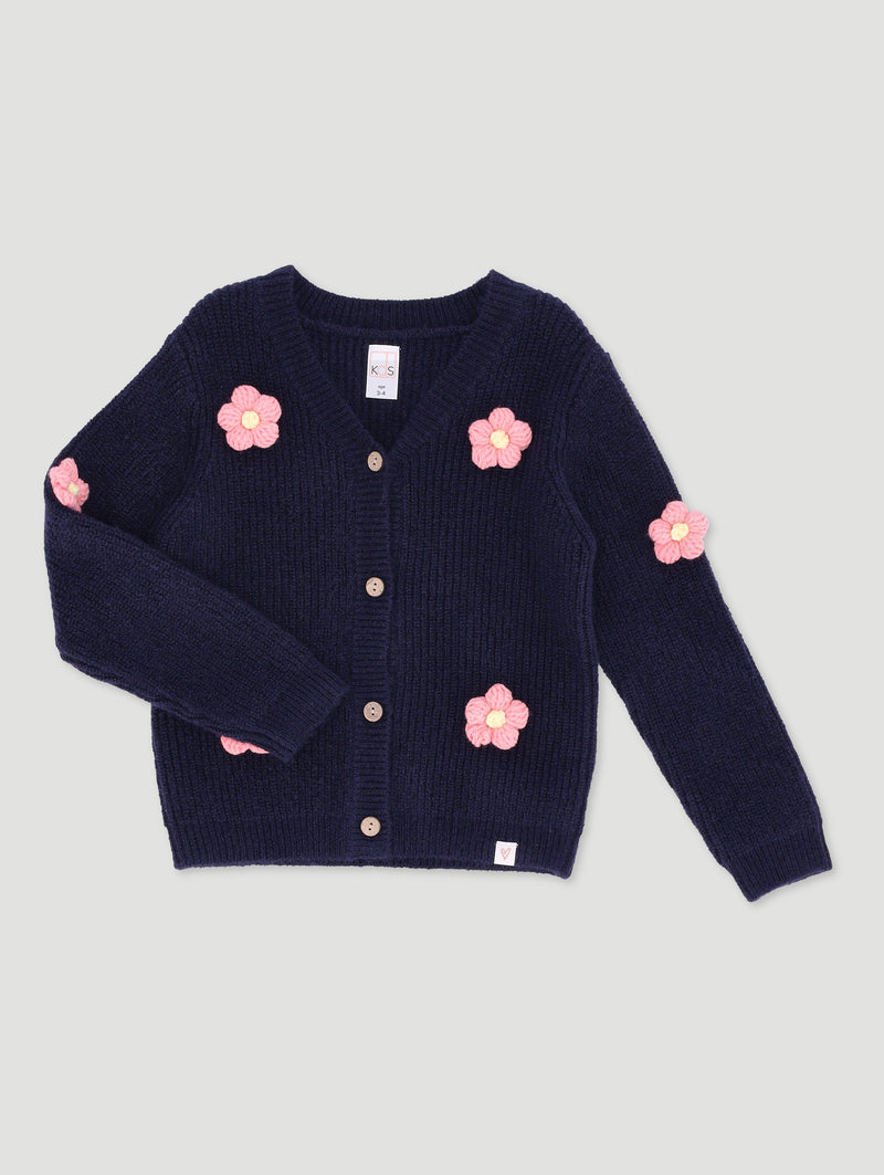 Pre-Girls Flower Cardigan - Navy