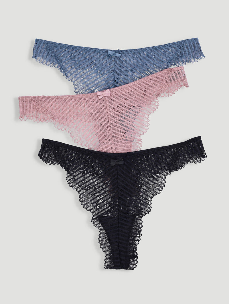 3 Pack Lace G-String - Charcoal/Rose/Navy