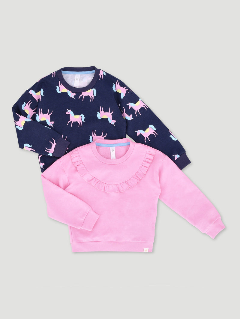 Pre-Girls 2 Pack Unicorn Print Plain Frill Tracktops - Navy/Pink
