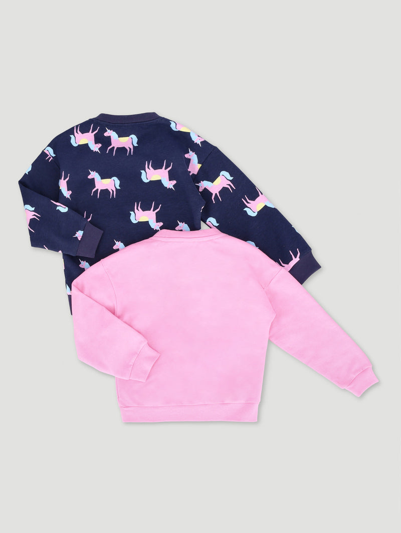 Pre-Girls 2 Pack Unicorn Print Plain Frill Tracktops - Navy/Pink