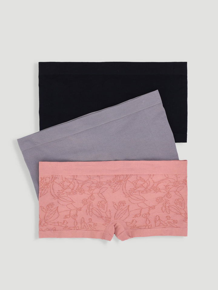 3 Pack Seamless Boyleg Panties - Rose/Black/Grey