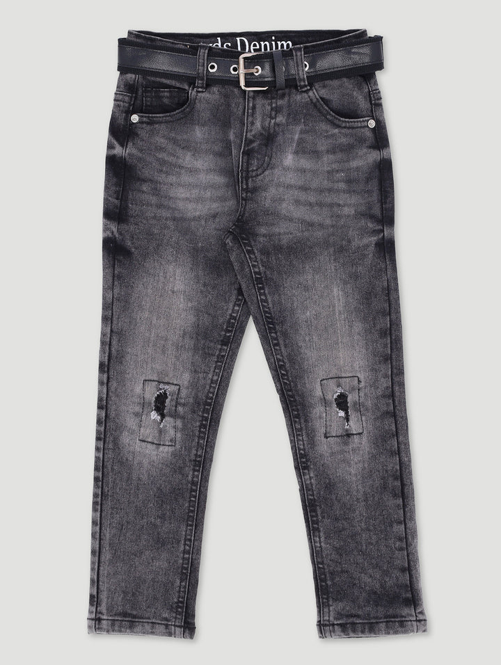 Pre-Boys Belted Acid Wash Denim - Charcoal