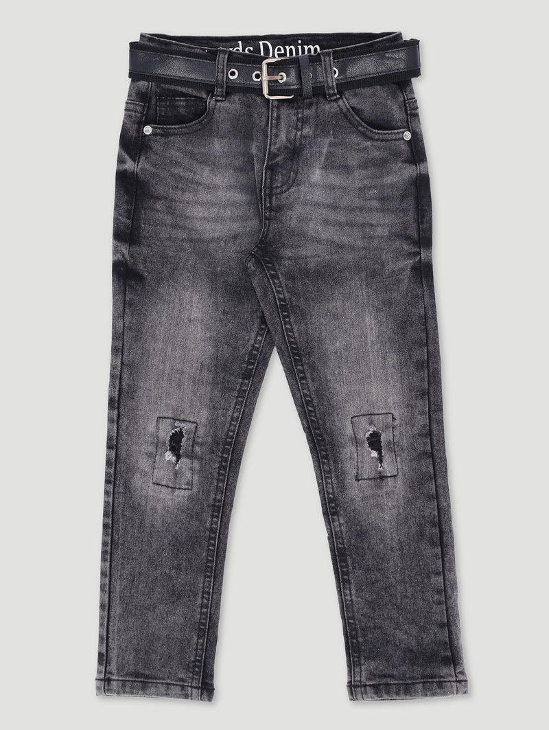 Pre-Boys Belted Acid Wash Denim - Charcoal
