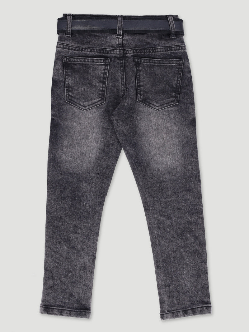 Pre-Boys Belted Acid Wash Denim - Charcoal