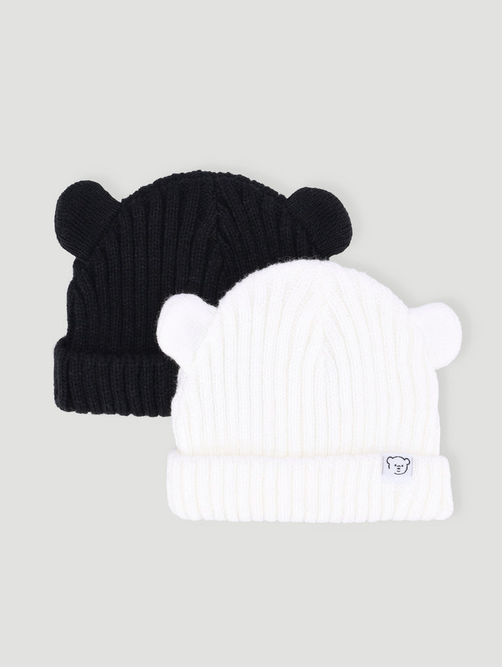 Baby Girls 2 Pack Ears Beanie- Black/White
