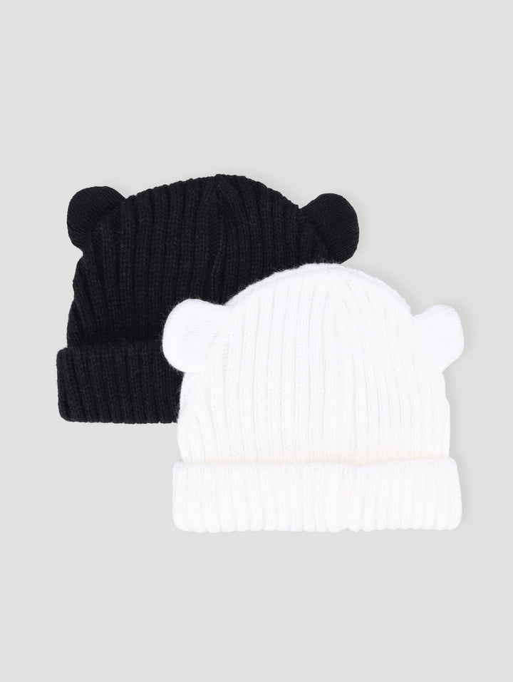 Baby Girls 2 Pack Ears Beanie- Black/White