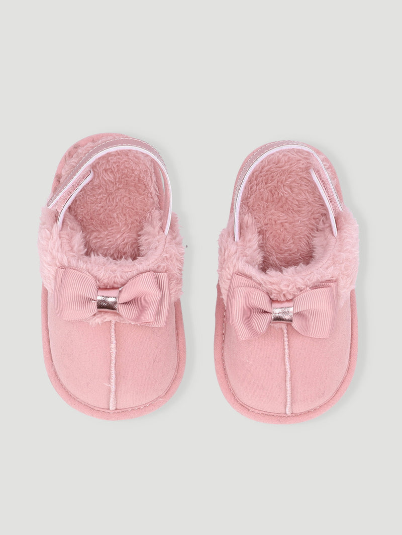 Baby Girls Faux Fur Slipper With Bow - Pink