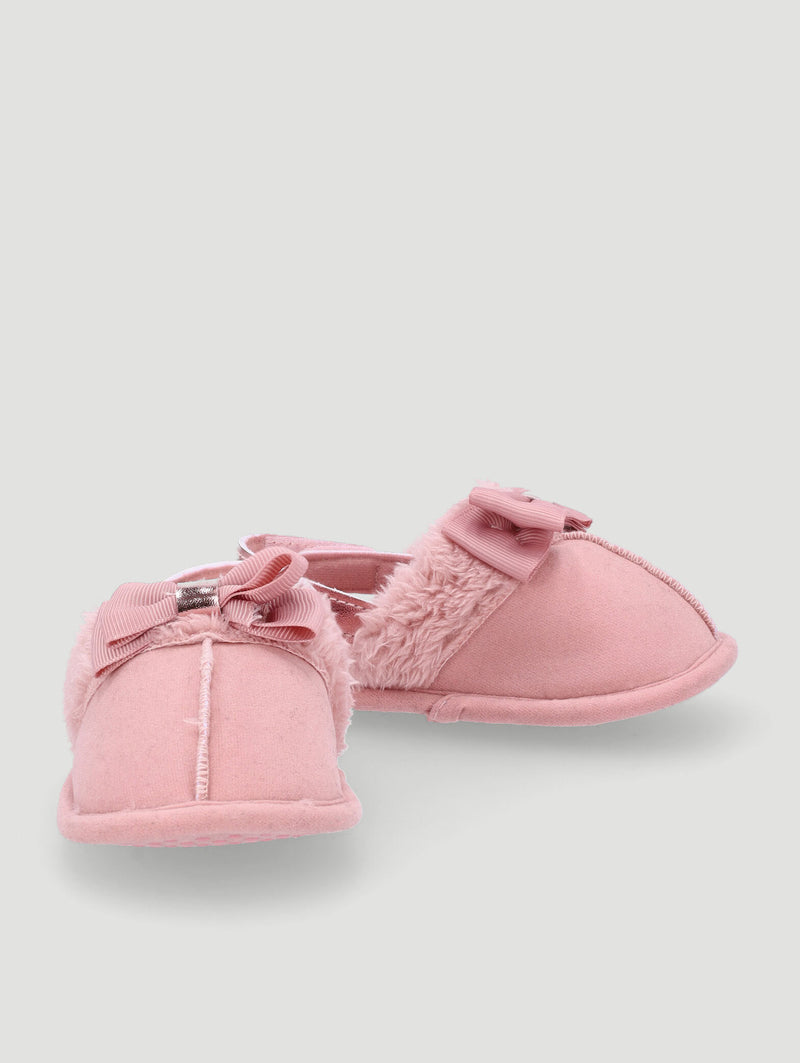 Baby Girls Faux Fur Slipper With Bow - Pink