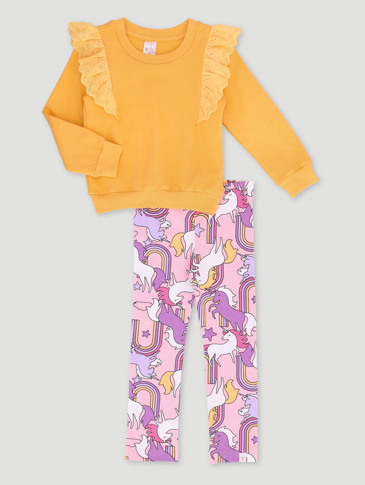 Pre-Girls Unicorn Print Lace Trim Tracktop - Mustard