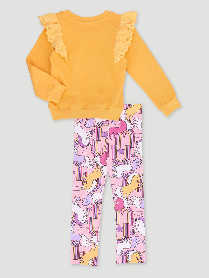 Pre-Girls Unicorn Print Lace Trim Tracktop - Mustard
