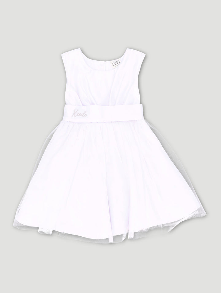 Keedo Girls Premium Satin & Tulle Dress - White