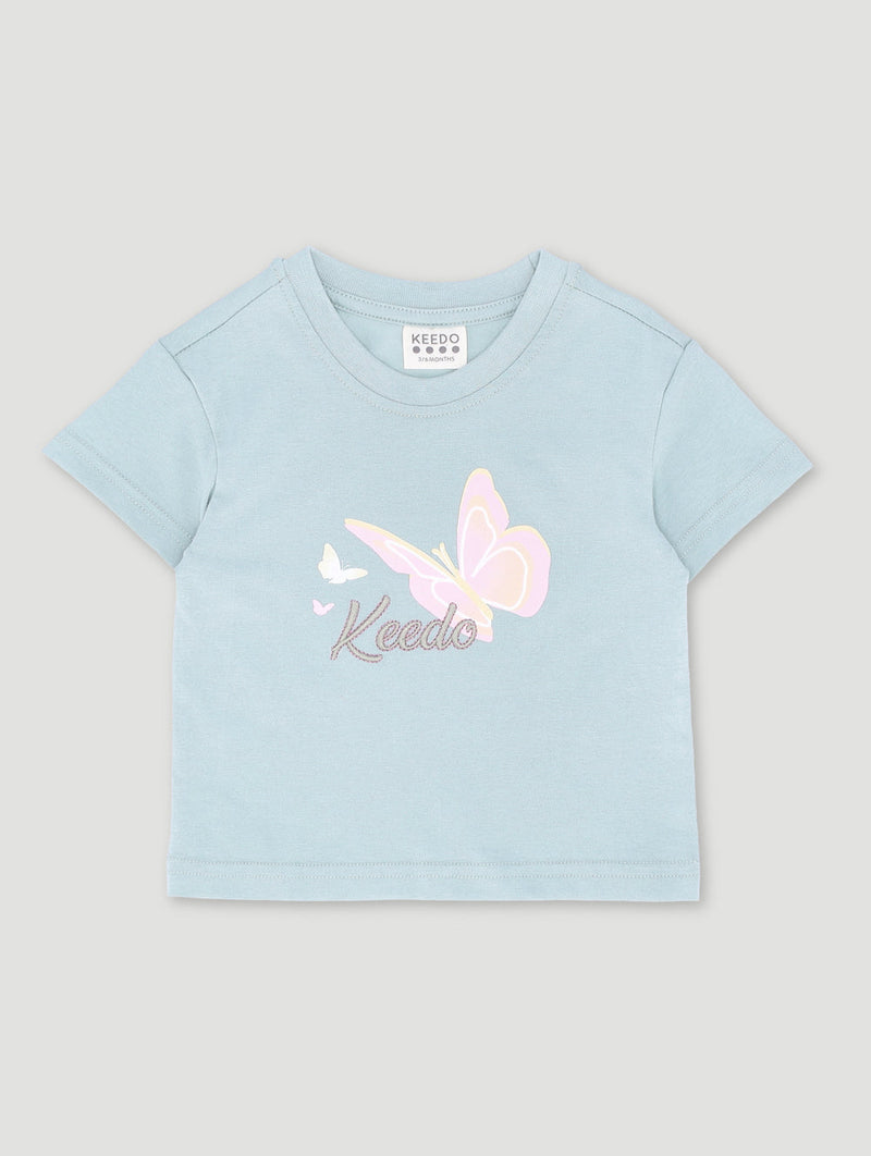 Keedo Baby Girls Butterfly & Lurex Embroidered Top - Sage