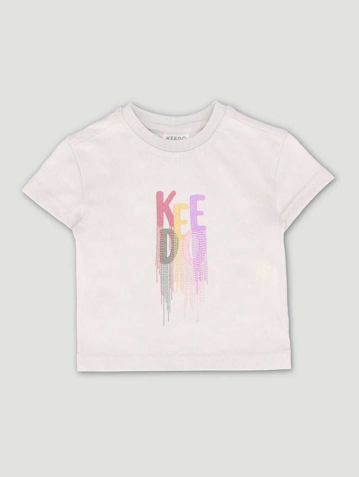 Keedo Baby Girls Embroidered Drip Logo Tee - Stone