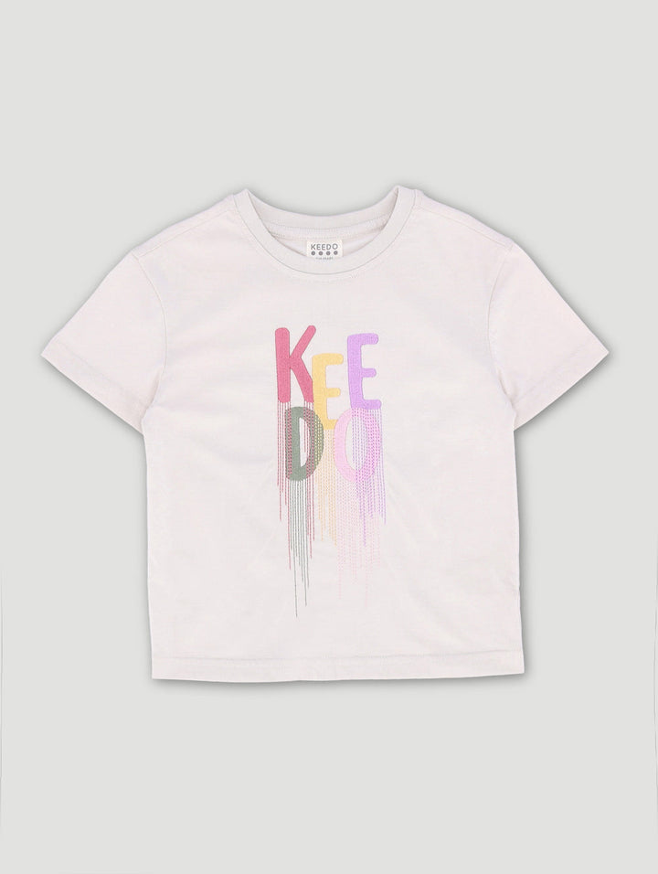 Keedo Girls Embroidered Drip Logo Tee - Stone