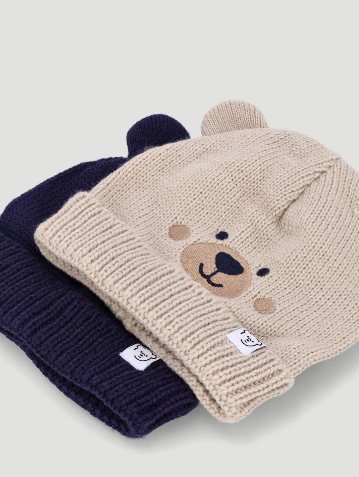 Baby Boys 2 Pack Bear Beanie - Stone/Navy