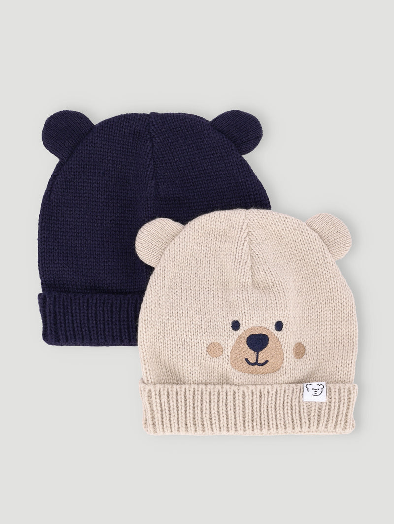 Baby Boys 2 Pack Bear Beanie - Stone/Navy