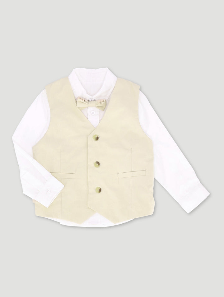 Pre-Boys Bow Tie & Waistcoat Smart Shirt - Stone/White