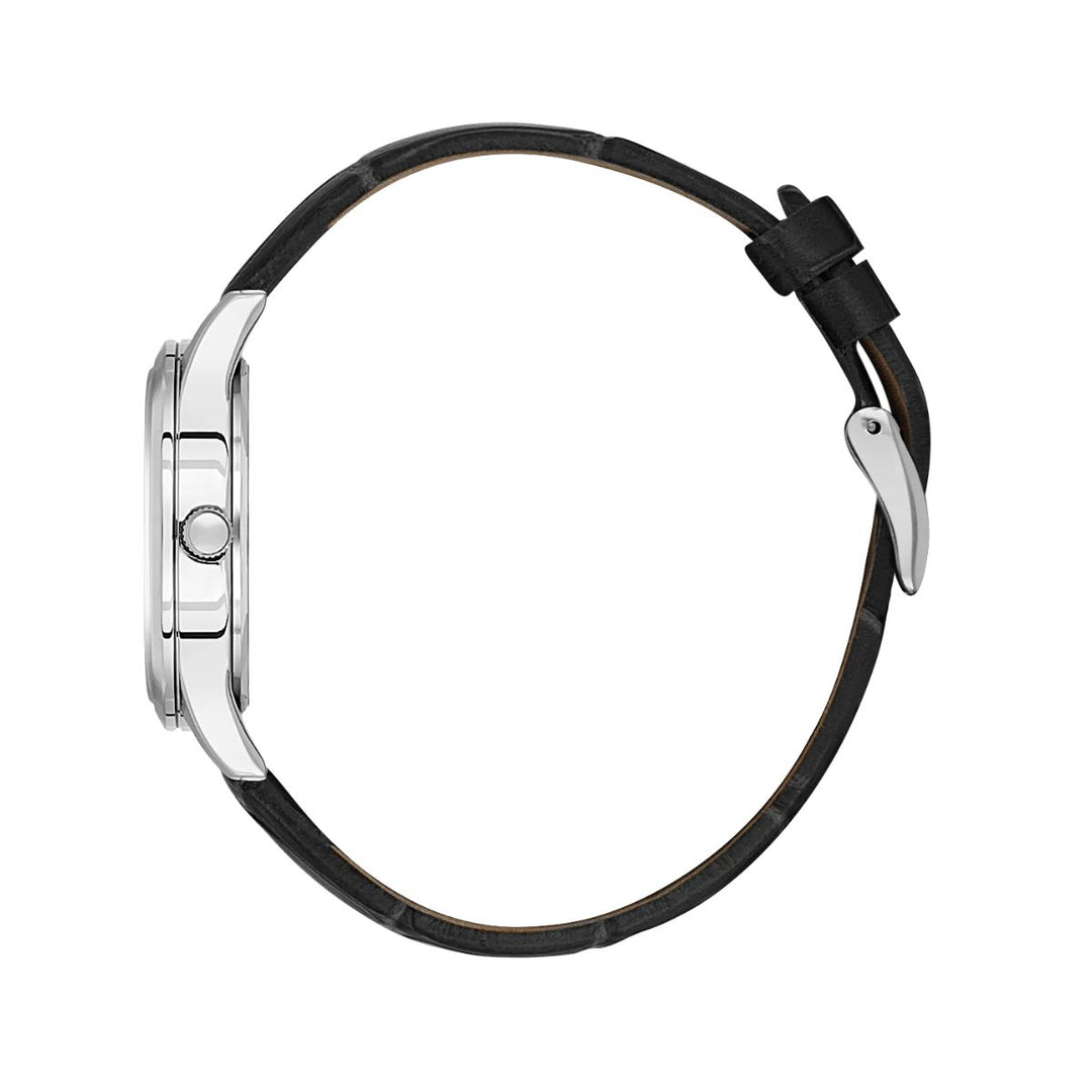 Stainless Steel Case Silver Dial & Black Leather Strap Watch - Silver
