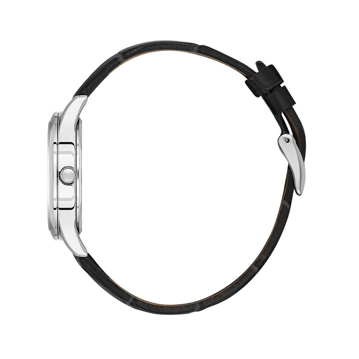 Stainless Steel Case Silver Dial & Black Leather Strap Watch - Silver
