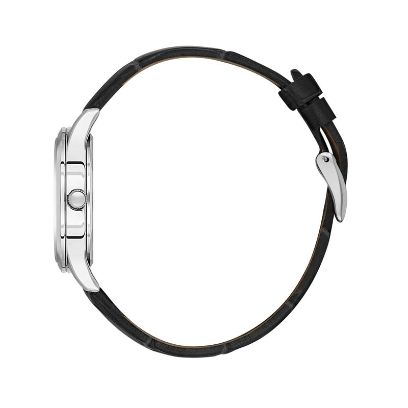 Stainless Steel Case Silver Dial & Black Leather Strap Watch - Silver