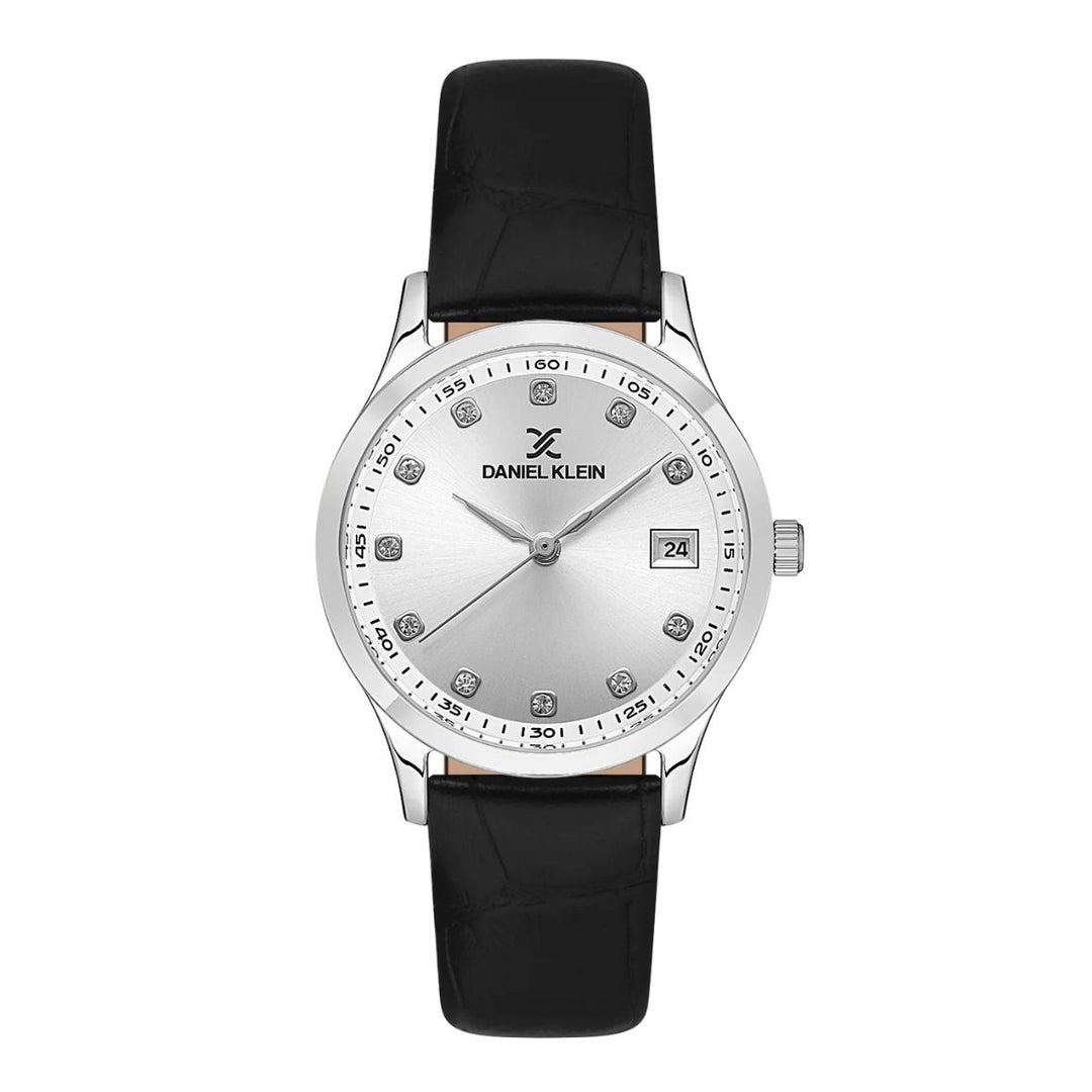 Stainless Steel Case Silver Dial & Black Leather Strap Watch - Silver