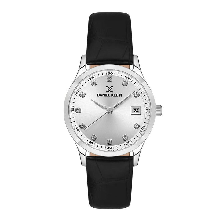 Stainless Steel Case Silver Dial & Black Leather Strap Watch - Silver