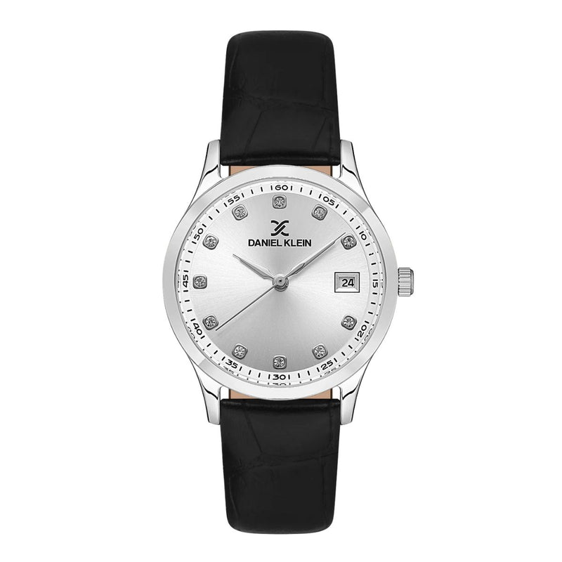 Stainless Steel Case Silver Dial & Black Leather Strap Watch - Silver