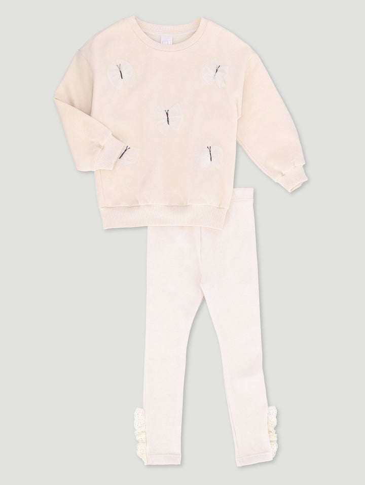 Pre-Girls Butterfly Applique Fleece & Rib Set - Cream