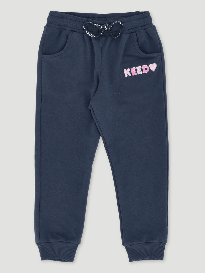 Keedo Girls Navy Heart Logo Embroidered Fleece Jogger