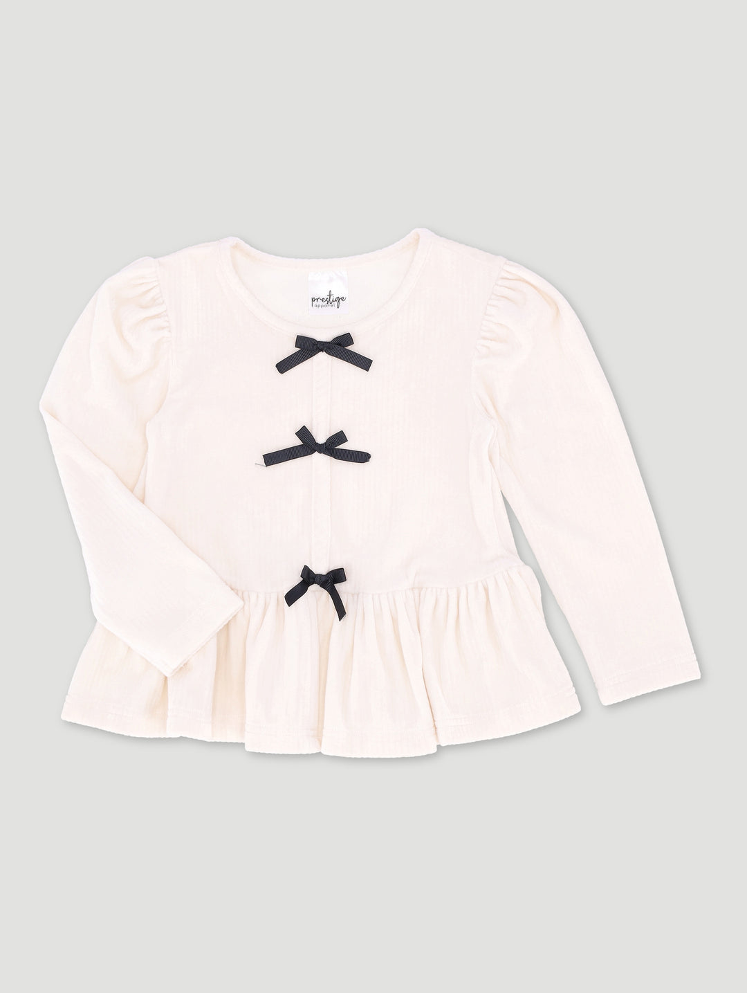 Pre-Girls Long Sleeve Rib Top With Bow Trims - Cream