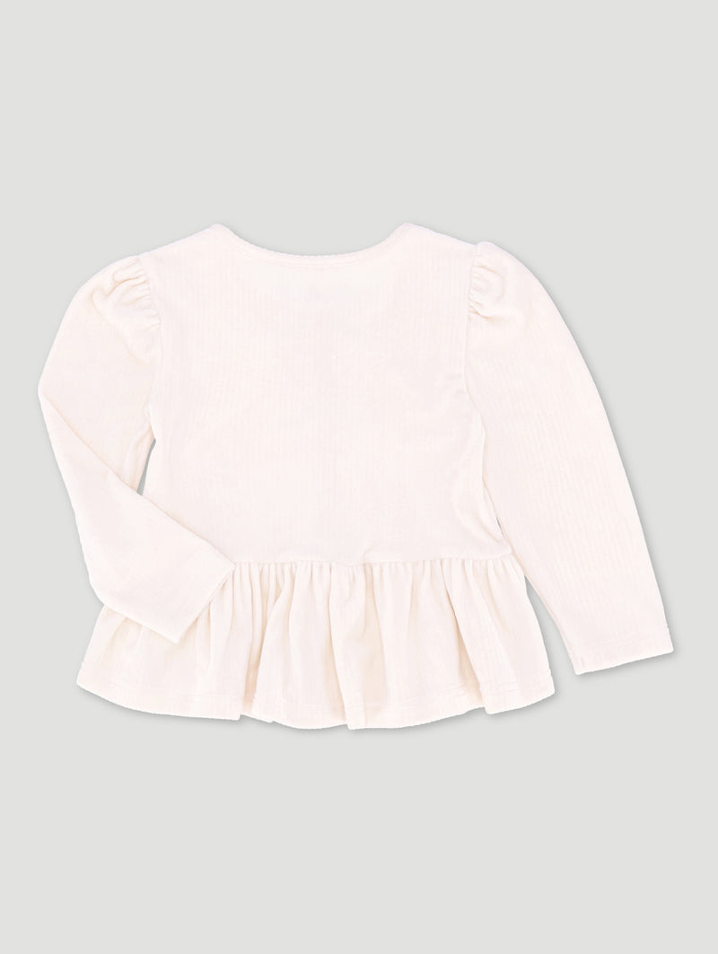 Pre-Girls Long Sleeve Rib Top With Bow Trims - Cream