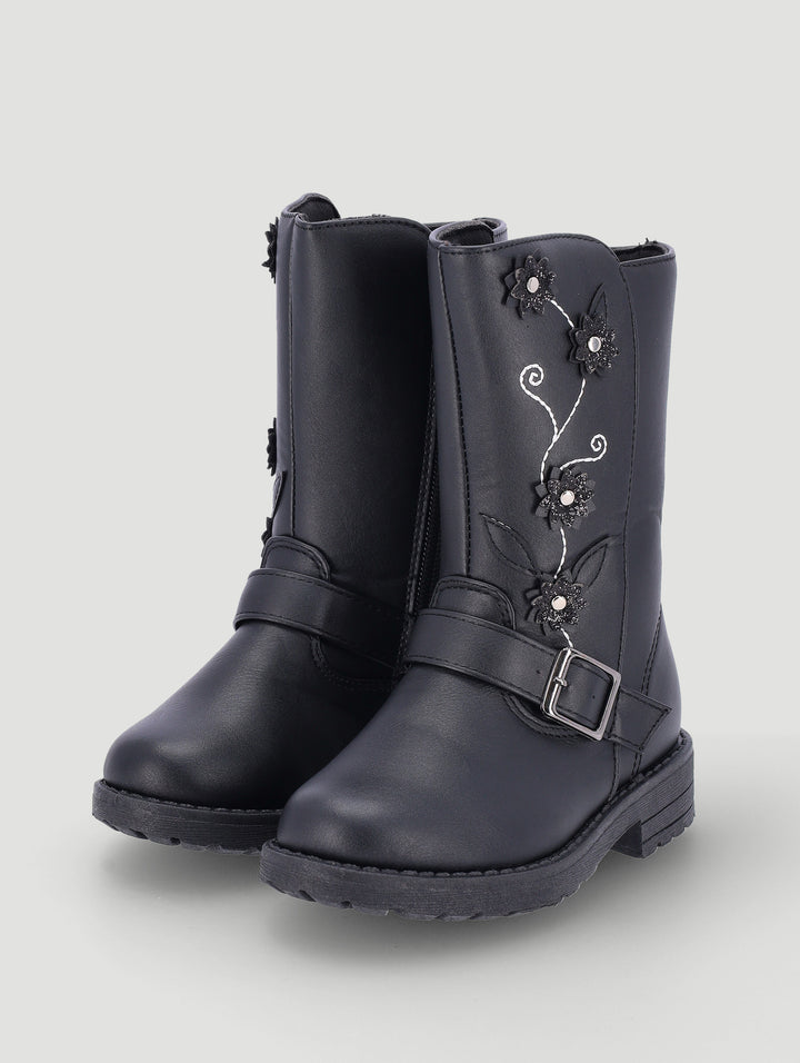 Pre-Girls Flower Long Boot - Black
