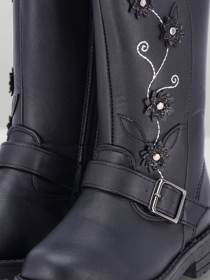 Pre-Girls Flower Long Boot - Black