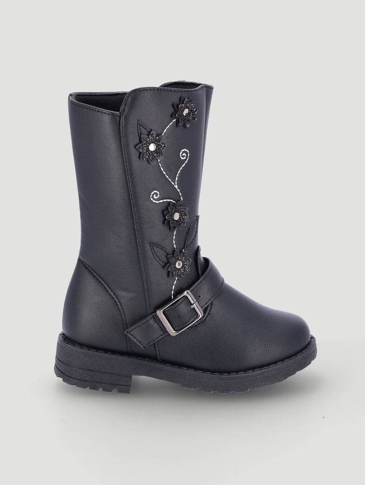 Pre-Girls Flower Long Boot - Black