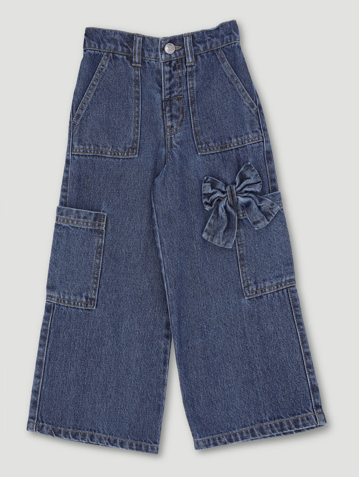 Pre-Girls Bow Cargo Wideleg Denim - Mid Blue