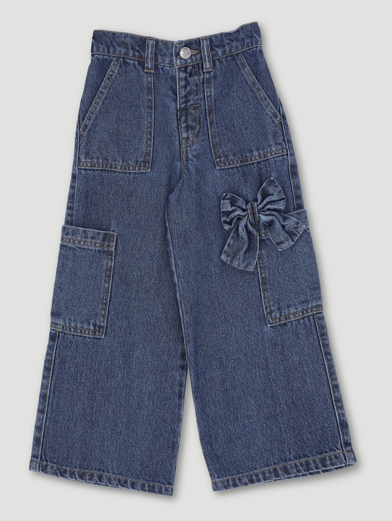Pre-Girls Bow Cargo Wideleg Denim - Mid Blue