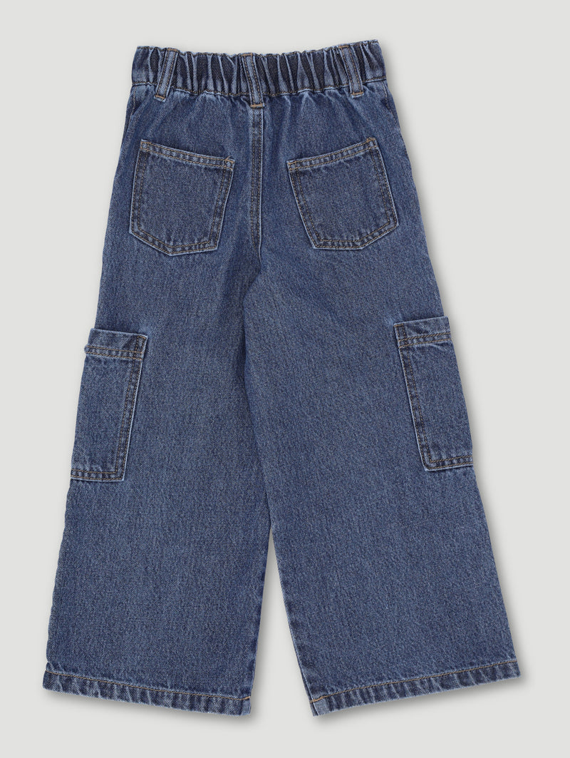 Pre-Girls Bow Cargo Wideleg Denim - Mid Blue