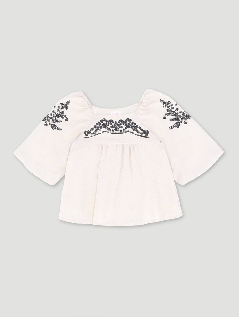 Pre-Girls Long Sleeve Linen Blouse - Stone