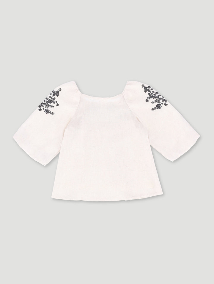Pre-Girls Long Sleeve Linen Blouse - Stone