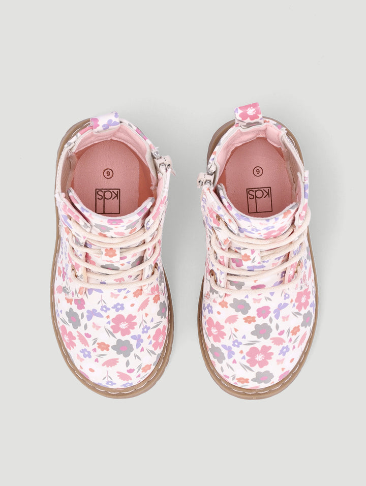 Pre-Girls Floral Print Boot - Cream